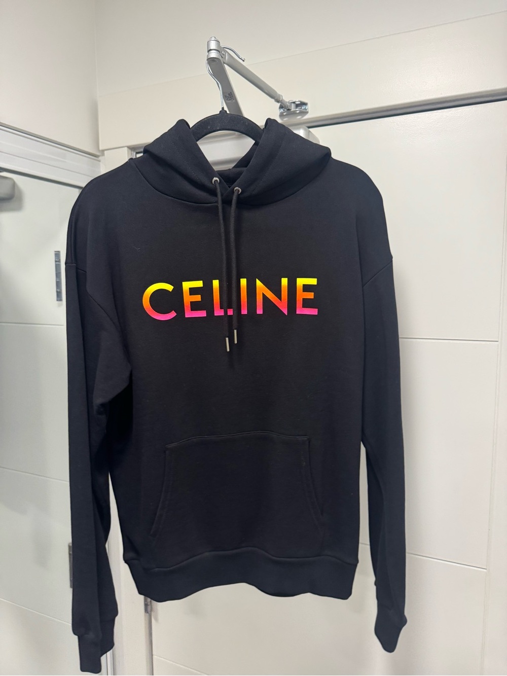 Celine Black Drawstring Hoodie with Subtle Logo Tags